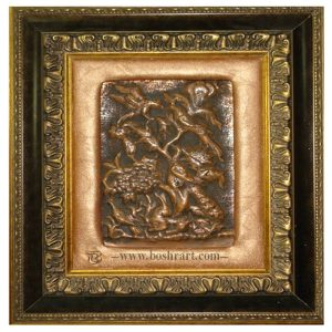 تابلو قلمزنی طرح گل و مرغ دست‌ساز روی مس با قاب چرمی از گالری صنایع دستی بُشرا