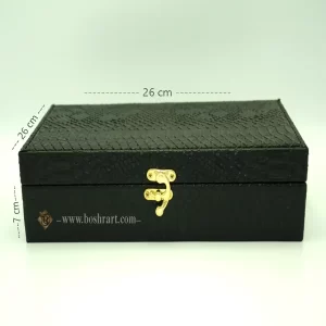 خرید جعبه MDF مشکی با روکش چرم پوست ماری و قفل آنتیک طلایی | باکس هدیه سفارشی با امکان درج لوگو و تغییر رنگ - گالری صنایع دستی بُشرا